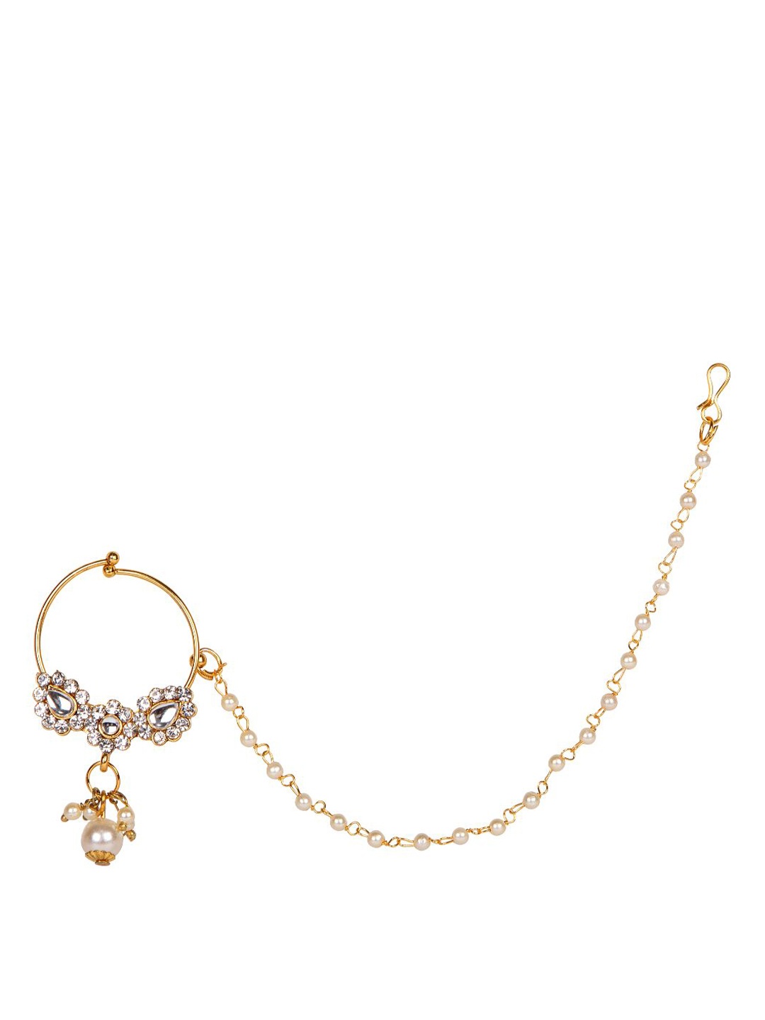 

ANIKAS CREATION Gold-Plated White Beaded & Stone-Studded Chained Nose Ring