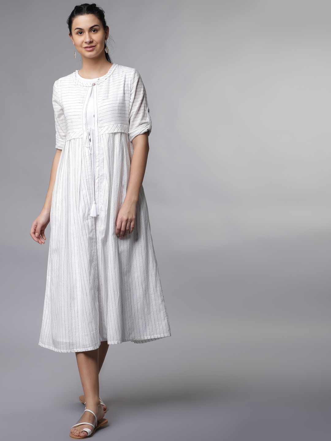 

Vishudh Women Off-White Striped A-Line Dress