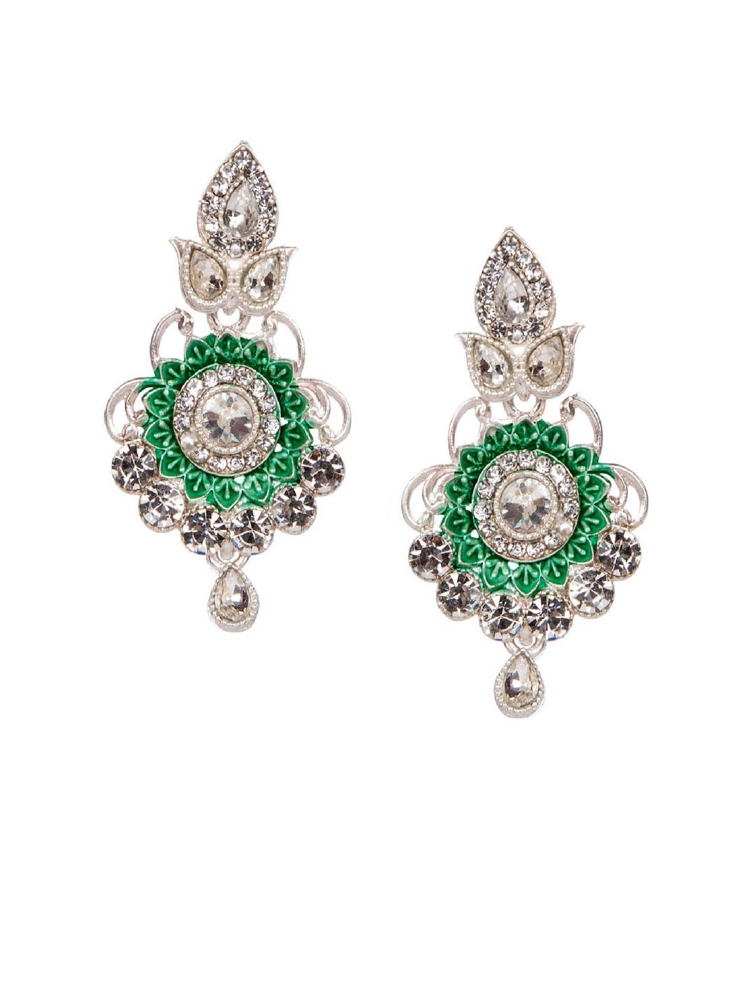 

ANIKAS CREATION Silver-Plated & Green Enamelled Classic Drop Earrings
