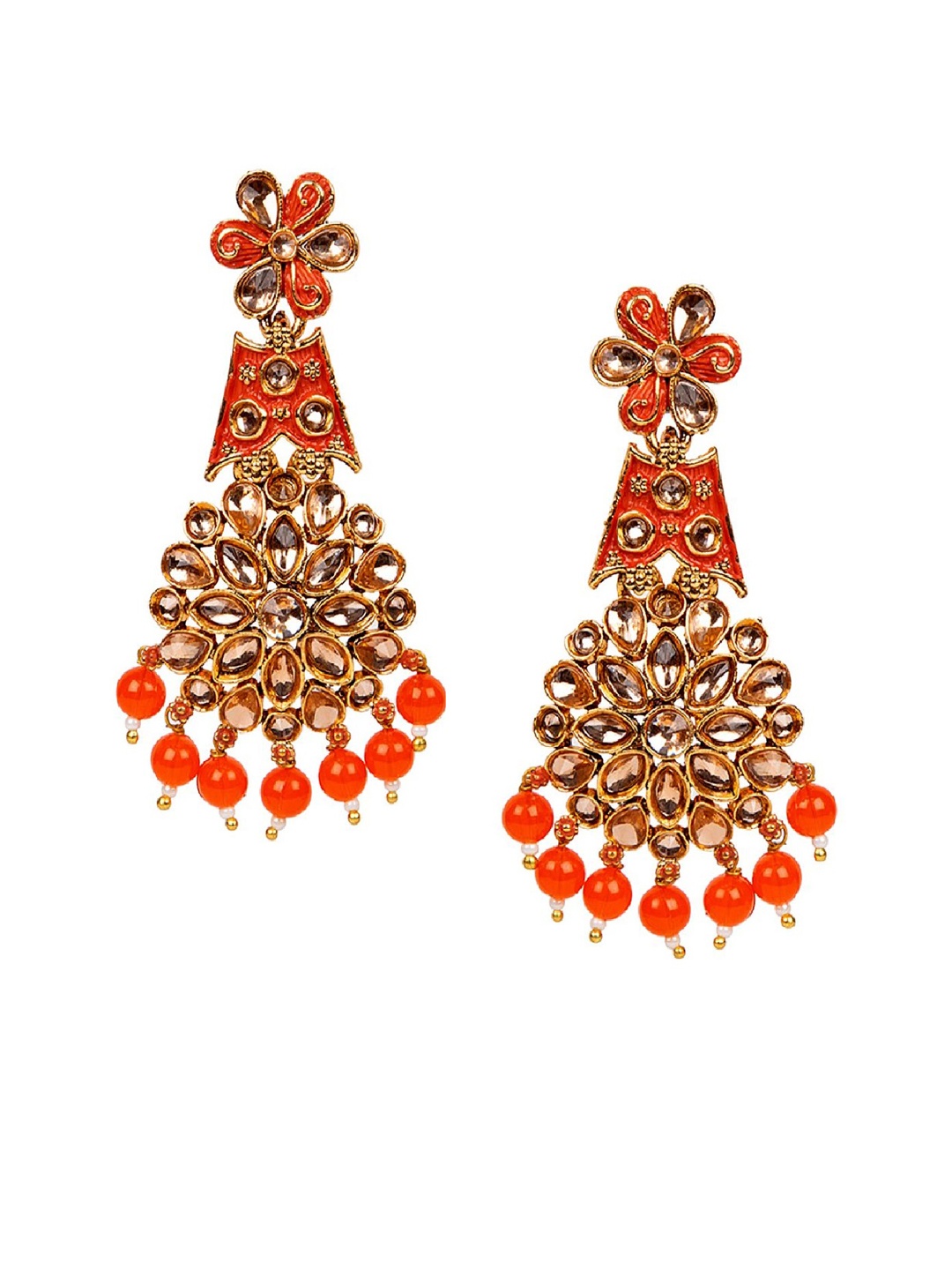 

ANIKAS CREATION Orange & Gold-Plated Enamelled Classic Drop Earrings