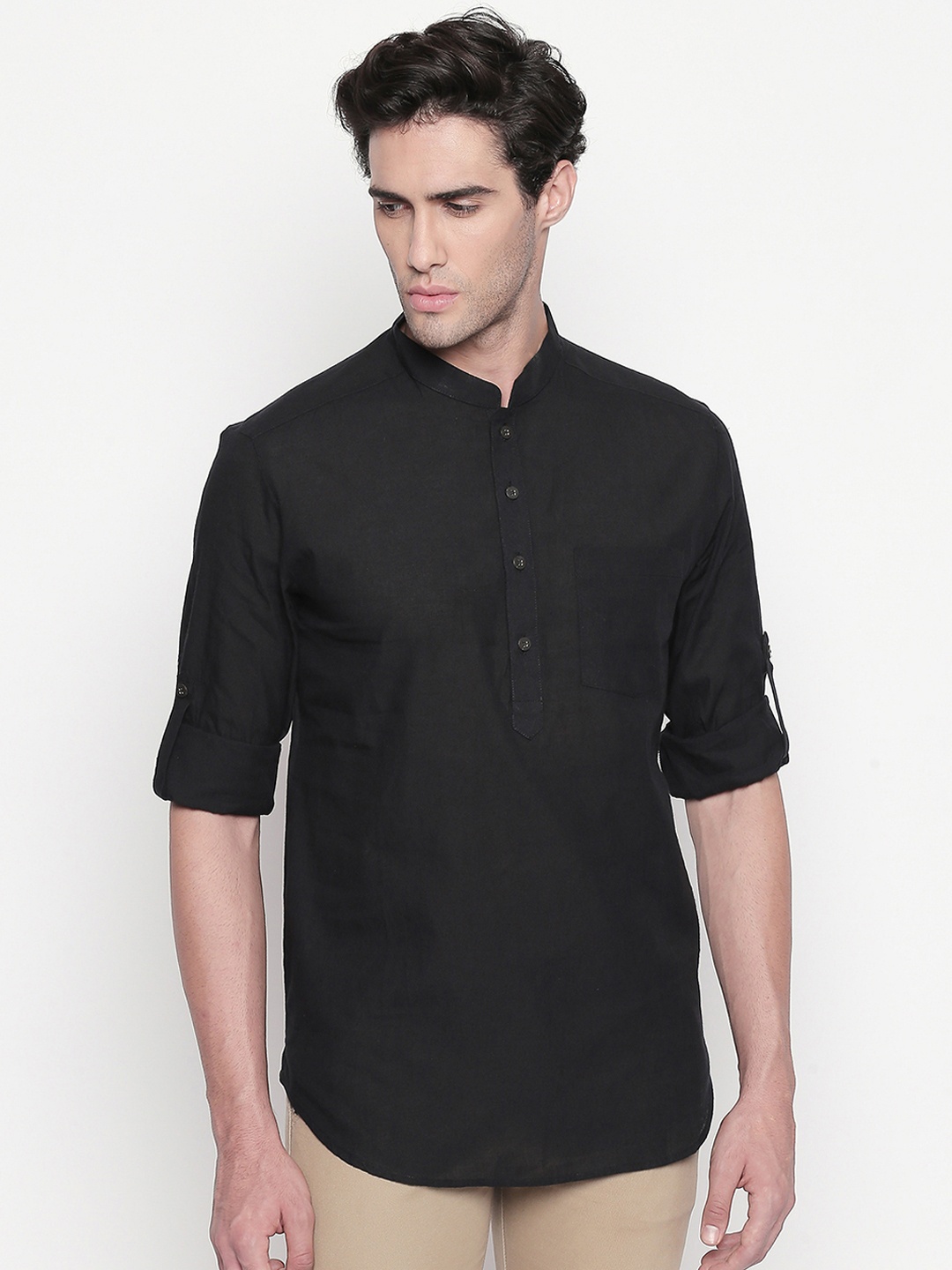 

indus route by Pantaloons Men Black Solid Straight Kurta