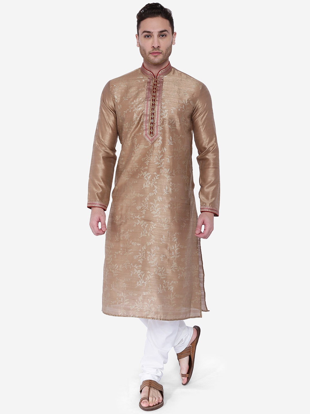 

RAJUBHAI HARGOVINDAS Men Bronze-Toned & Pink Printed Kurta with Churidar
