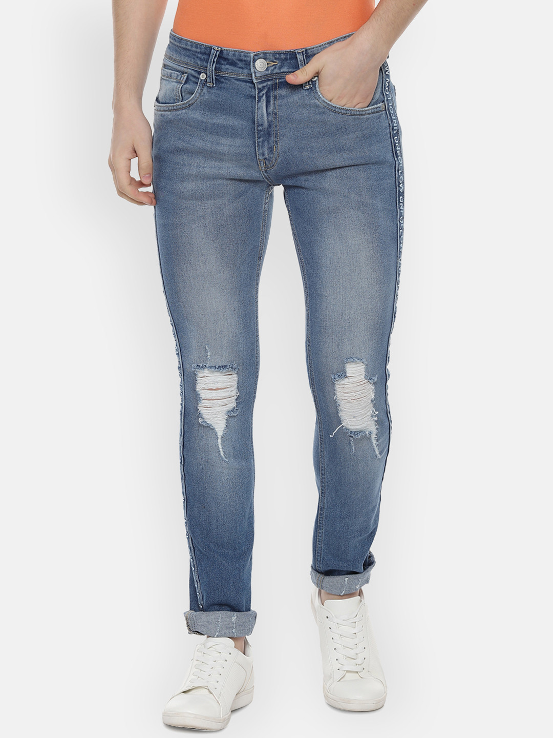 

People Men Blue Regular Fit Mid-Rise Slash Knee Stretchable Jeans