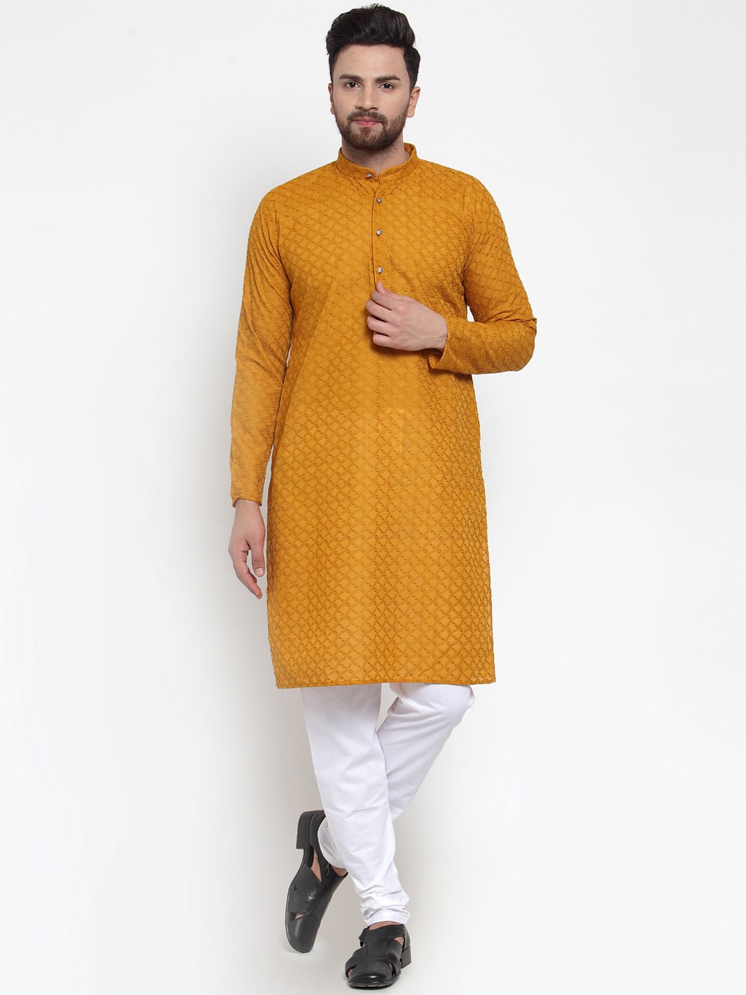 

Jompers Men Mustard Orange & White Self Design Kurta with Churidar