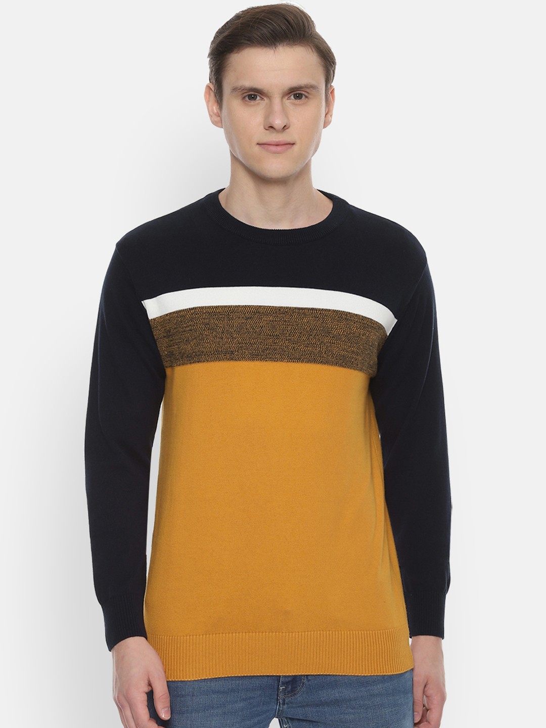 

People Men Yellow & Black Colourblocked Pullover Sweater