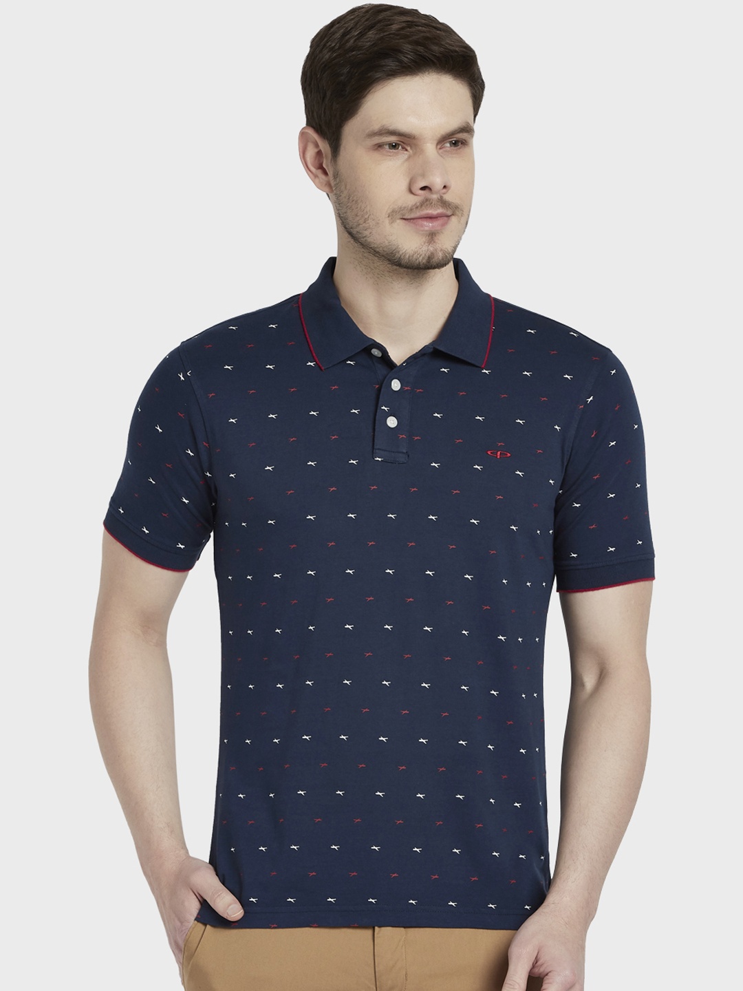 

ColorPlus Men Navy Blue & White Printed Slim Fit Polo Collar T-shirt