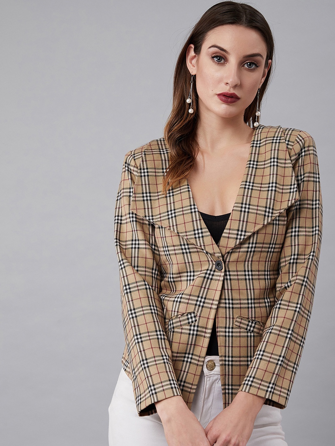 

Athena Women Beige & Black Burberry Checked Single-Breasted Blazer