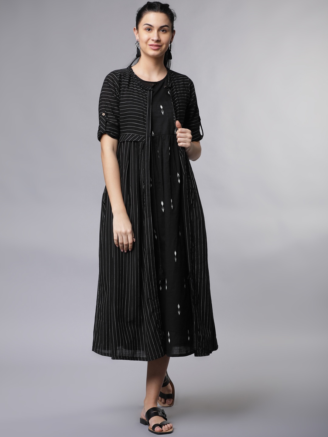 

Vishudh Women Black Striped A-Line Dress