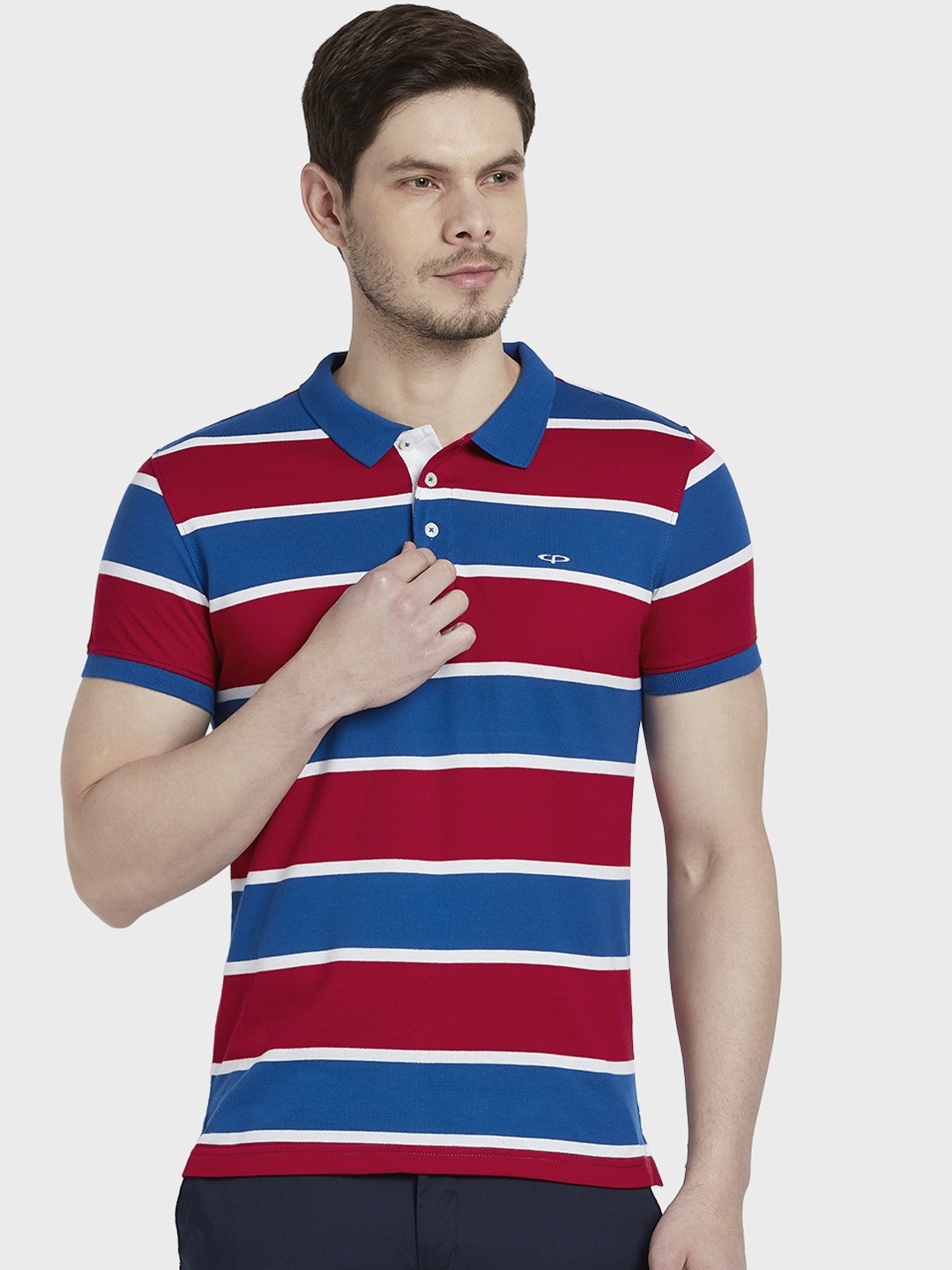 

ColorPlus Men Red & Blue Striped Polo Collar T-shirt