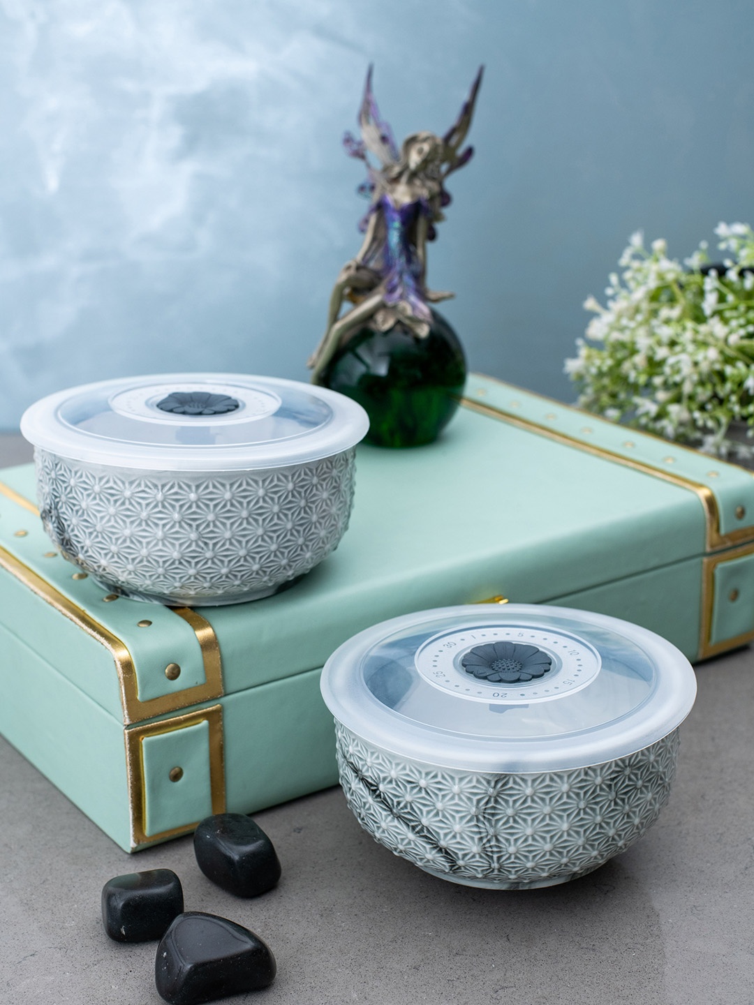 

White Gold Set of 2 Grey Printed Airtight Porcelain Food Containers