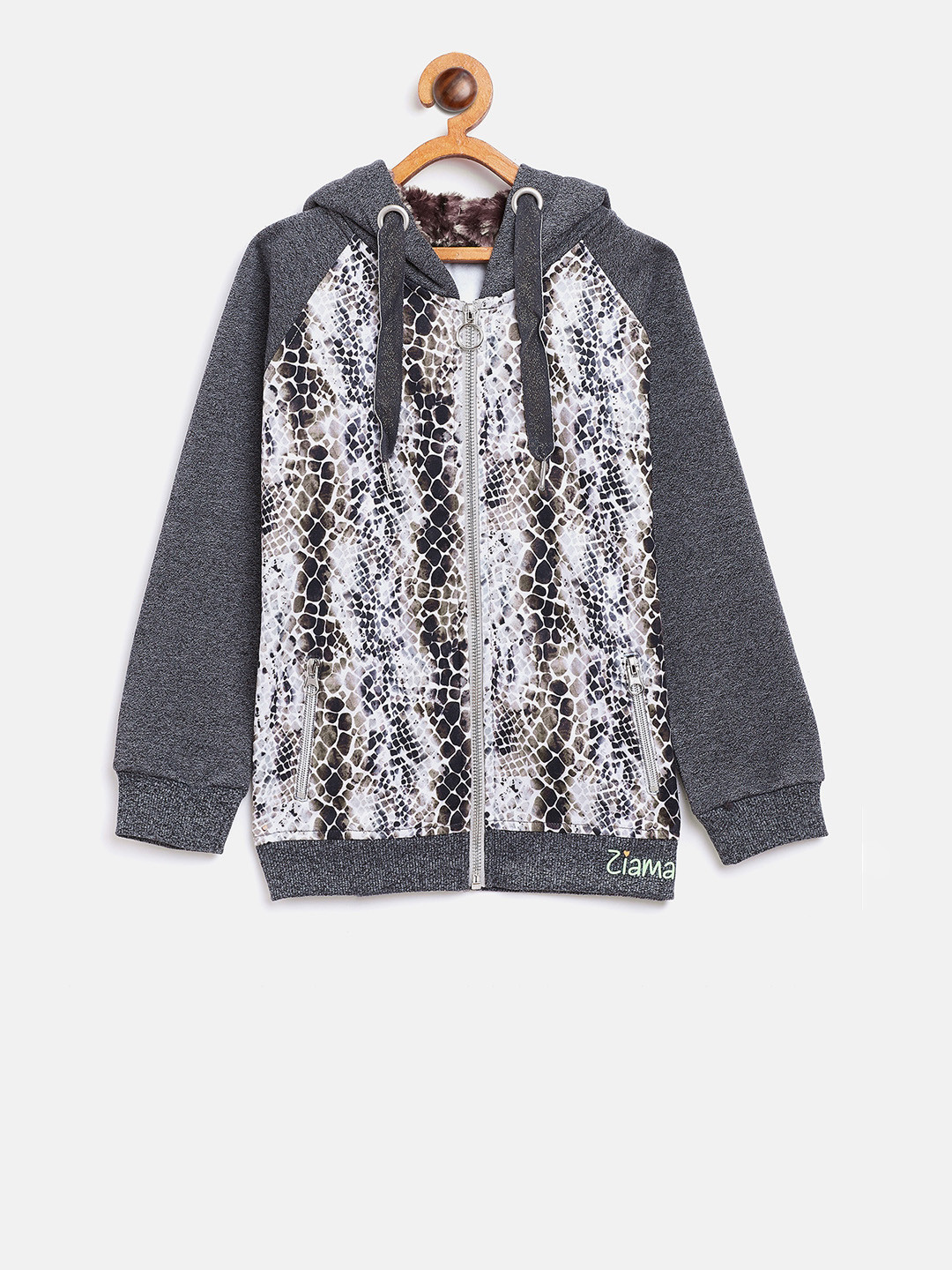

Ziama Girls Grey & White Snake Skin Printed Hooded Sweatshirt