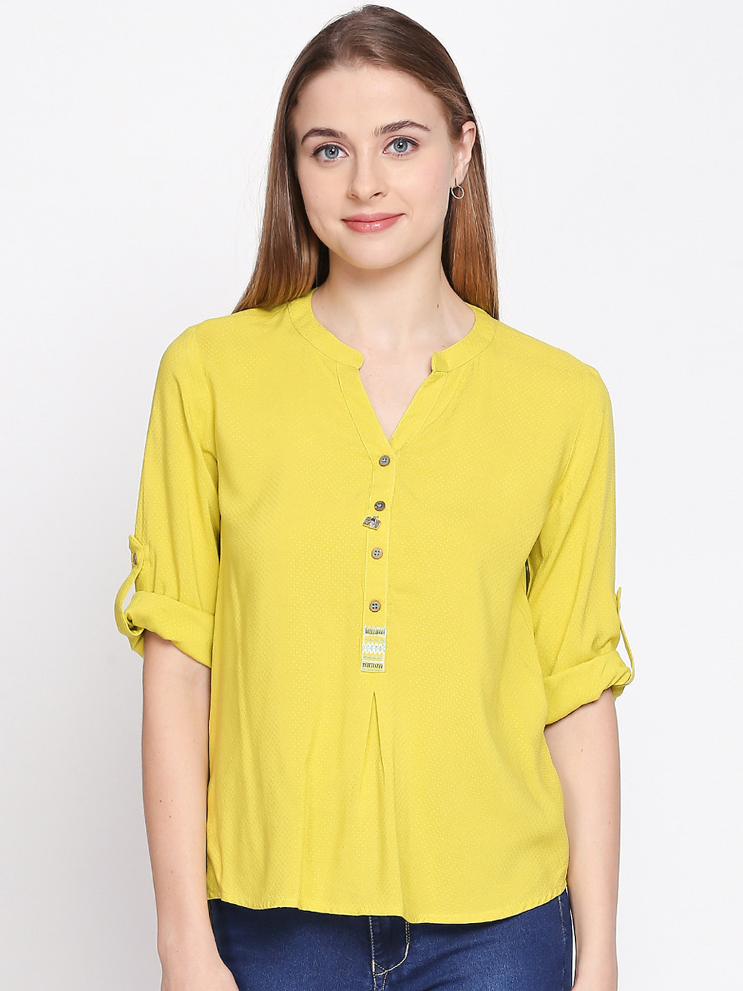 

AKKRITI BY PANTALOONS Women Yellow Self Design Shirt Style Top