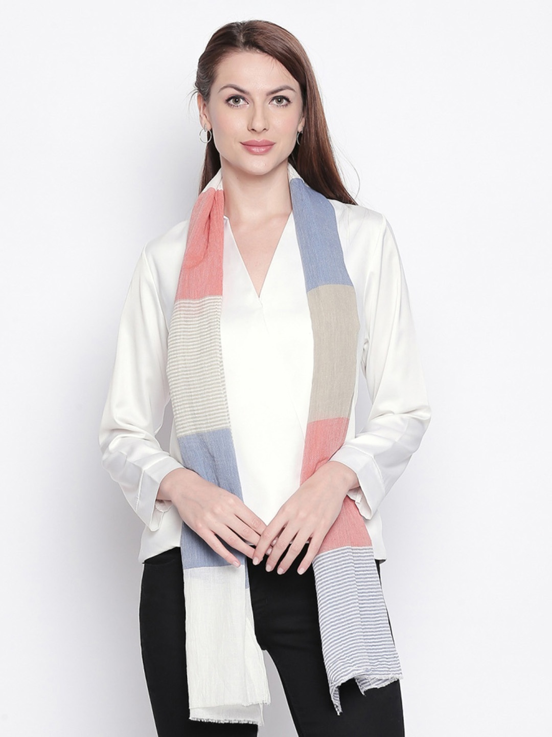 

Style Quotient Women Blue & Peach-Coloured Striped Stole
