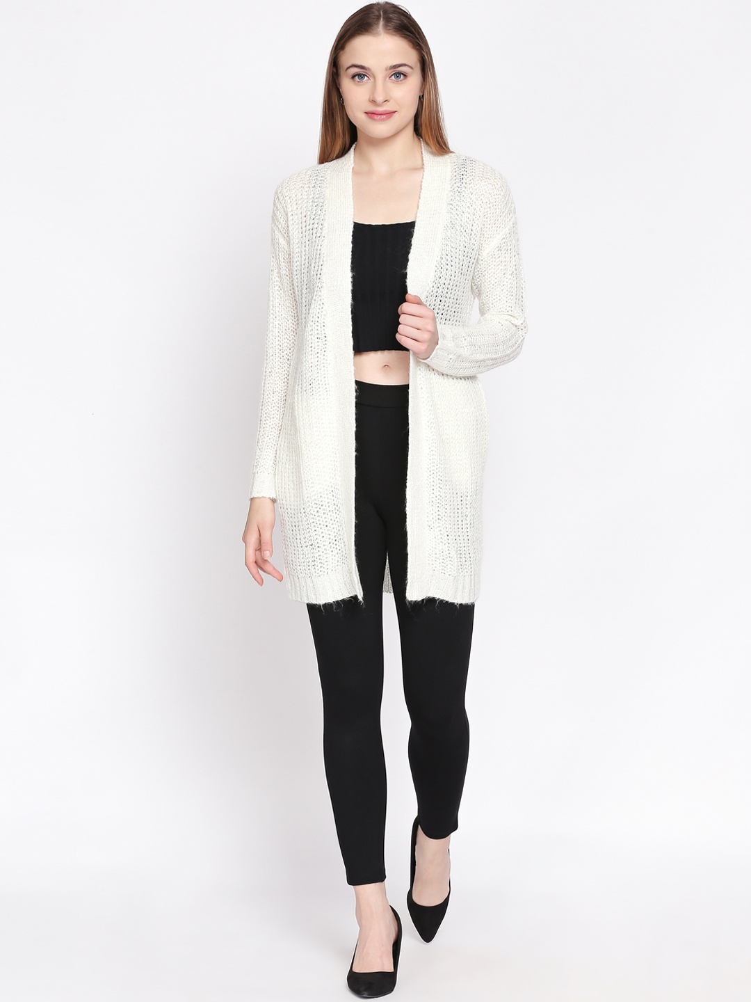 

AKKRITI BY PANTALOONS Women White Solid Open Front Shrug