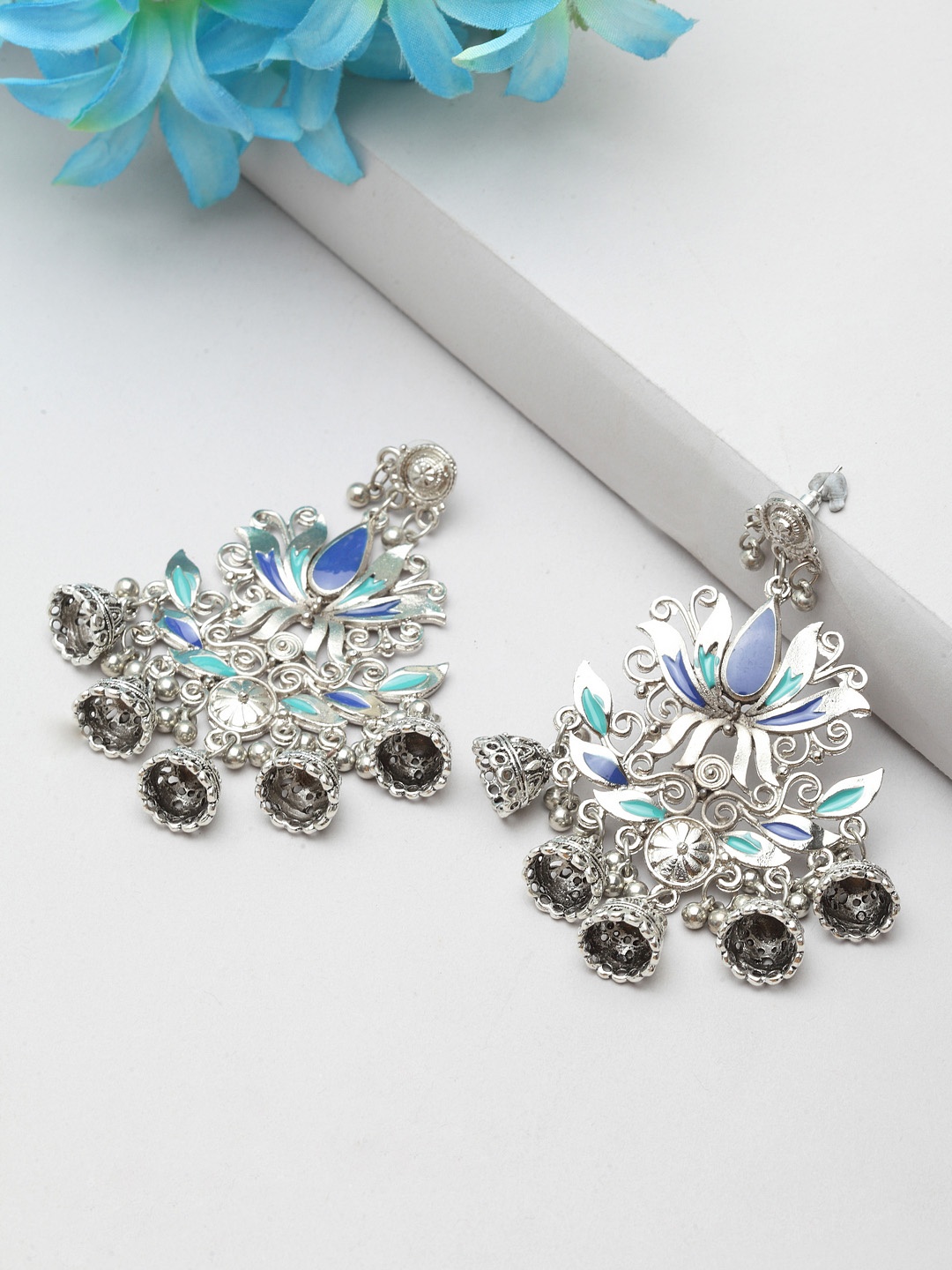 

Moedbuille German Silver Floral Handcrafted Meenakari Drop Earrings