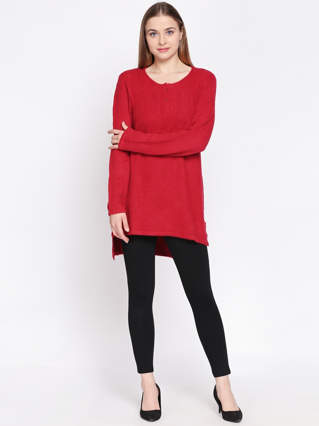 

AKKRITI BY PANTALOONS Women Red Self Design Pullover Sweater