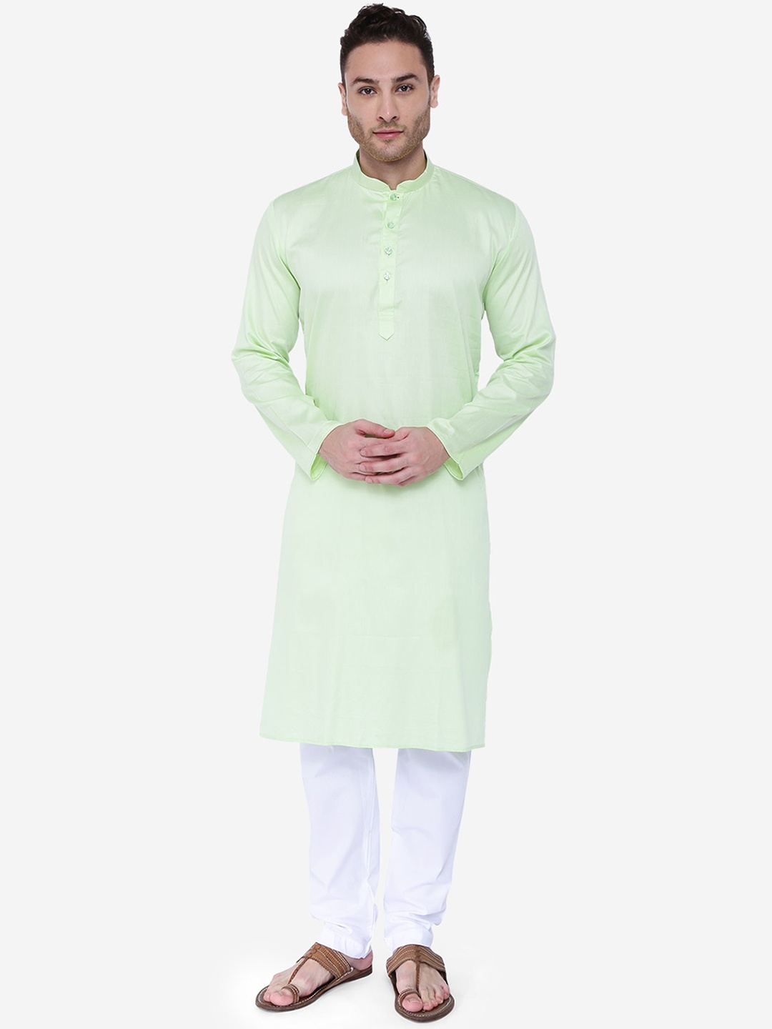 

RAJUBHAI HARGOVINDAS Men Green & White Solid Kurta with Churidar