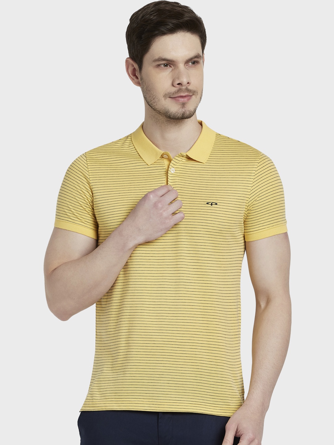 

ColorPlus Men Yellow & Black Striped Polo Collar Slim Fit T-shirt