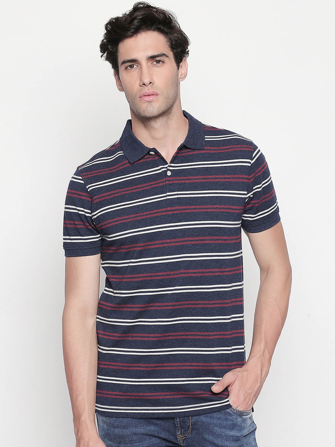 

BYFORD by Pantaloons Men Blue Striped Polo Collar T-shirt
