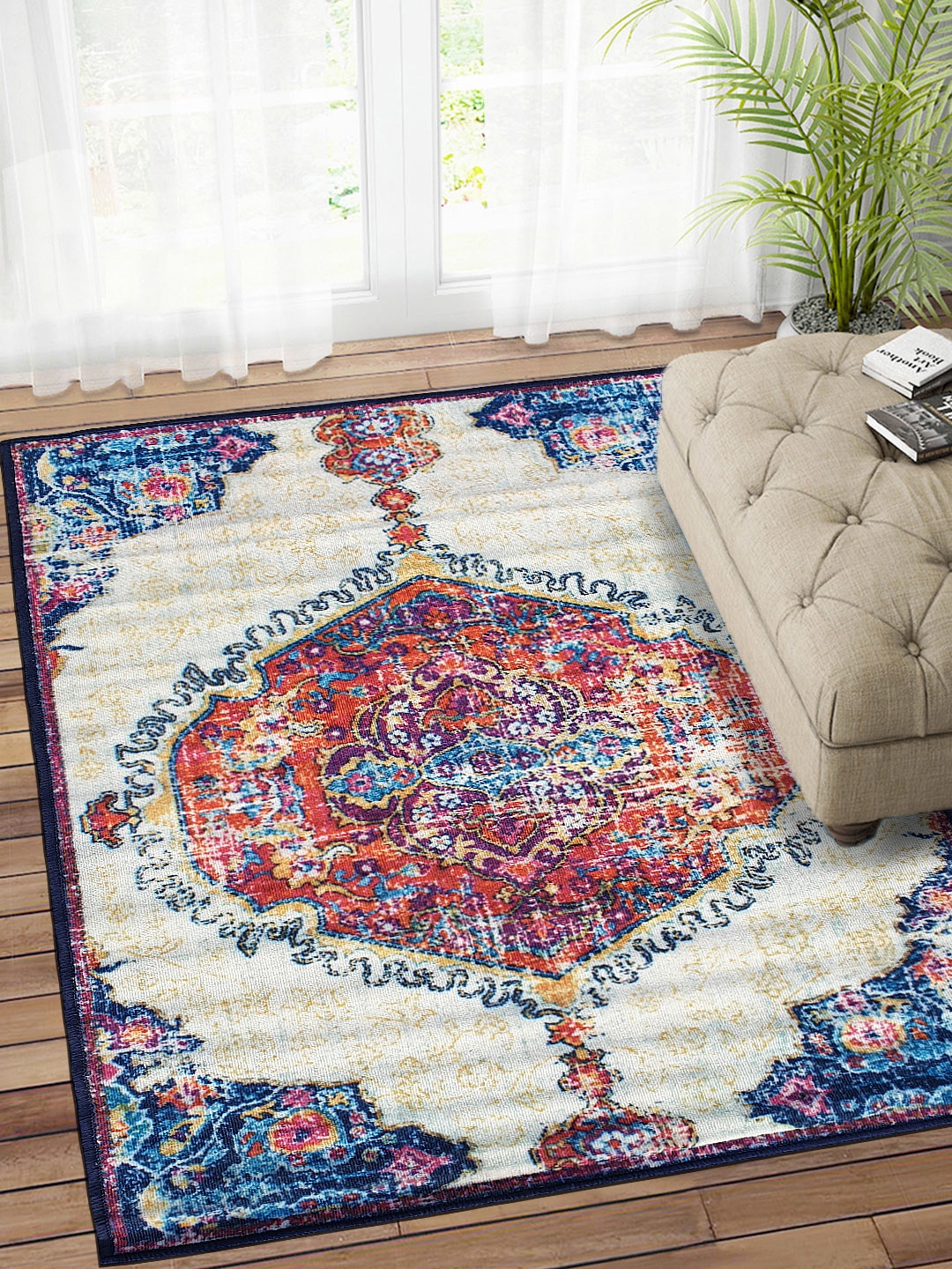 

Status White & Blue Vintage Persian Printed Anti-Skid Carpet, Off white