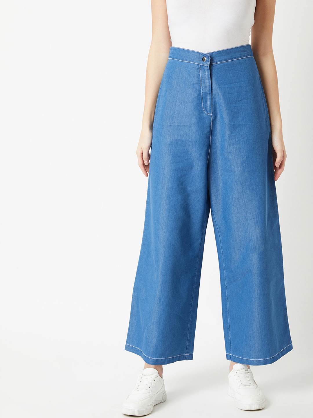 

Miss Chase Women Lightweight Flared Fit Solid Parallel Trousers, Blue
