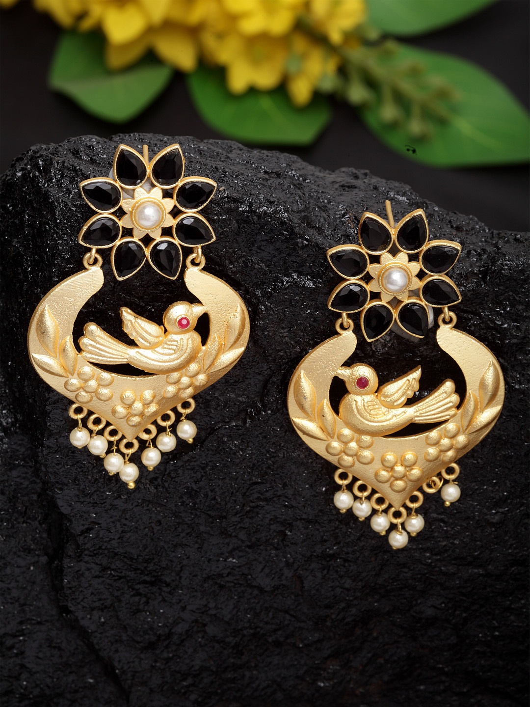 

Moedbuille Gold-Plated & Black Handcrafted Crescent Shaped Drop Earrings