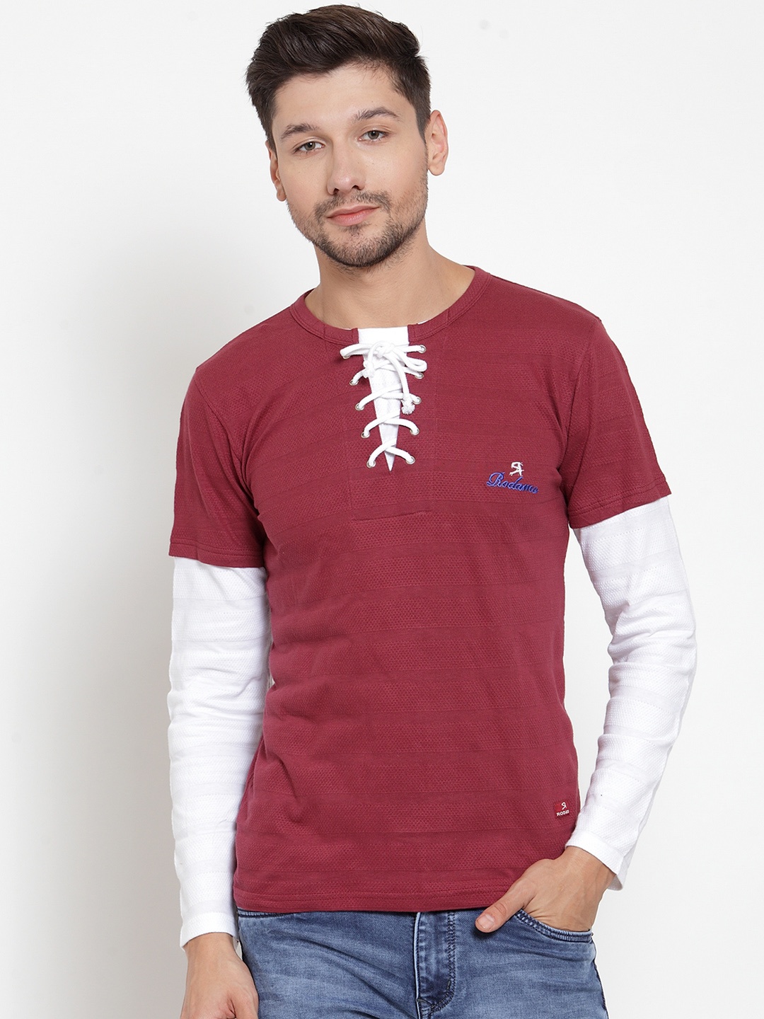 

Rodamo Men Maroon Colourblocked Round Neck Slim Fit Pure Cotton T-shirt