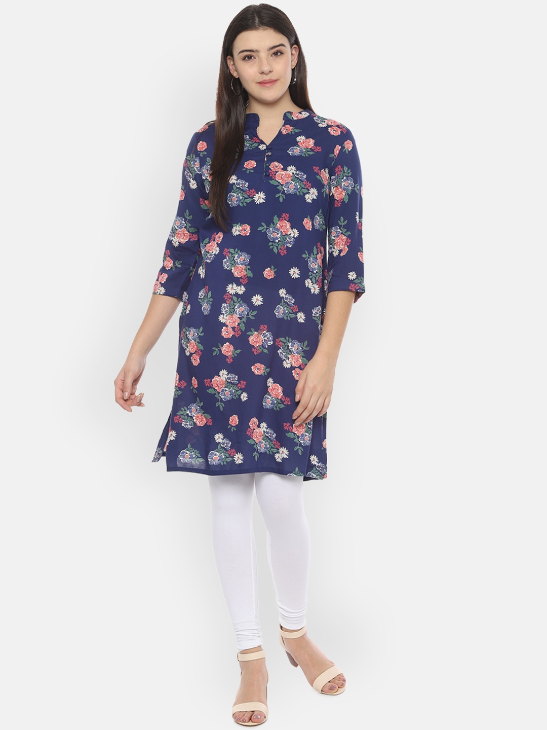 

People Women Navy Blue & Pink Printed Straight Kurta