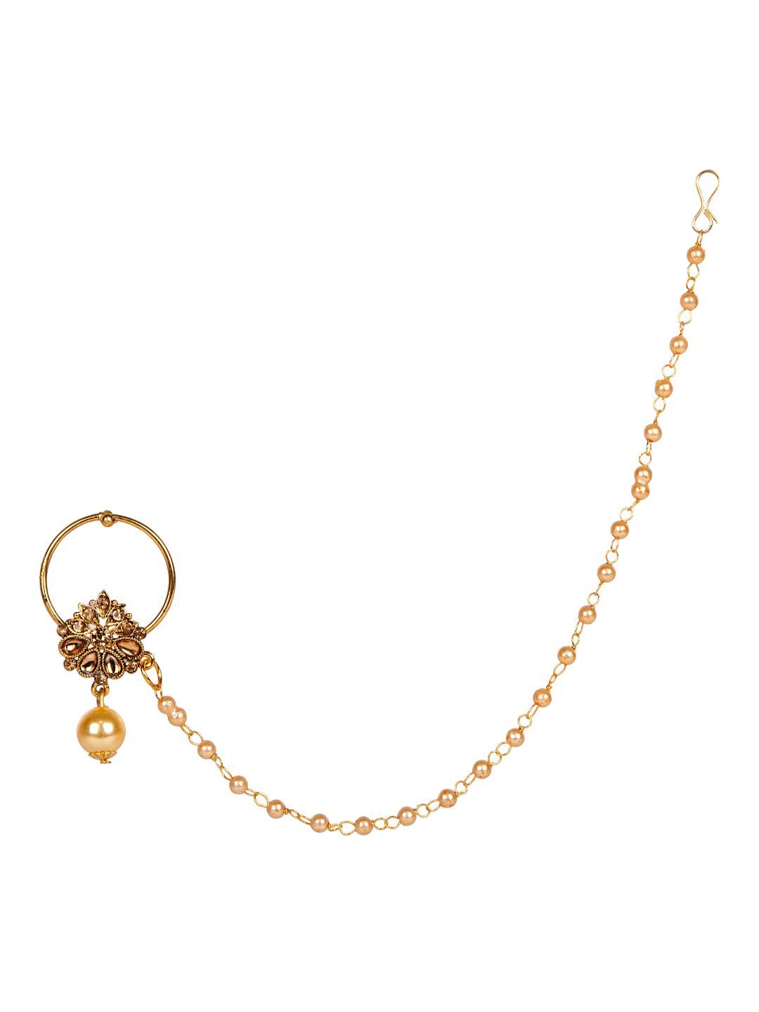 

ANIKAS CREATION Gold-Plated & Off-White Beaded & Stone-Studded Chained Nose Ring