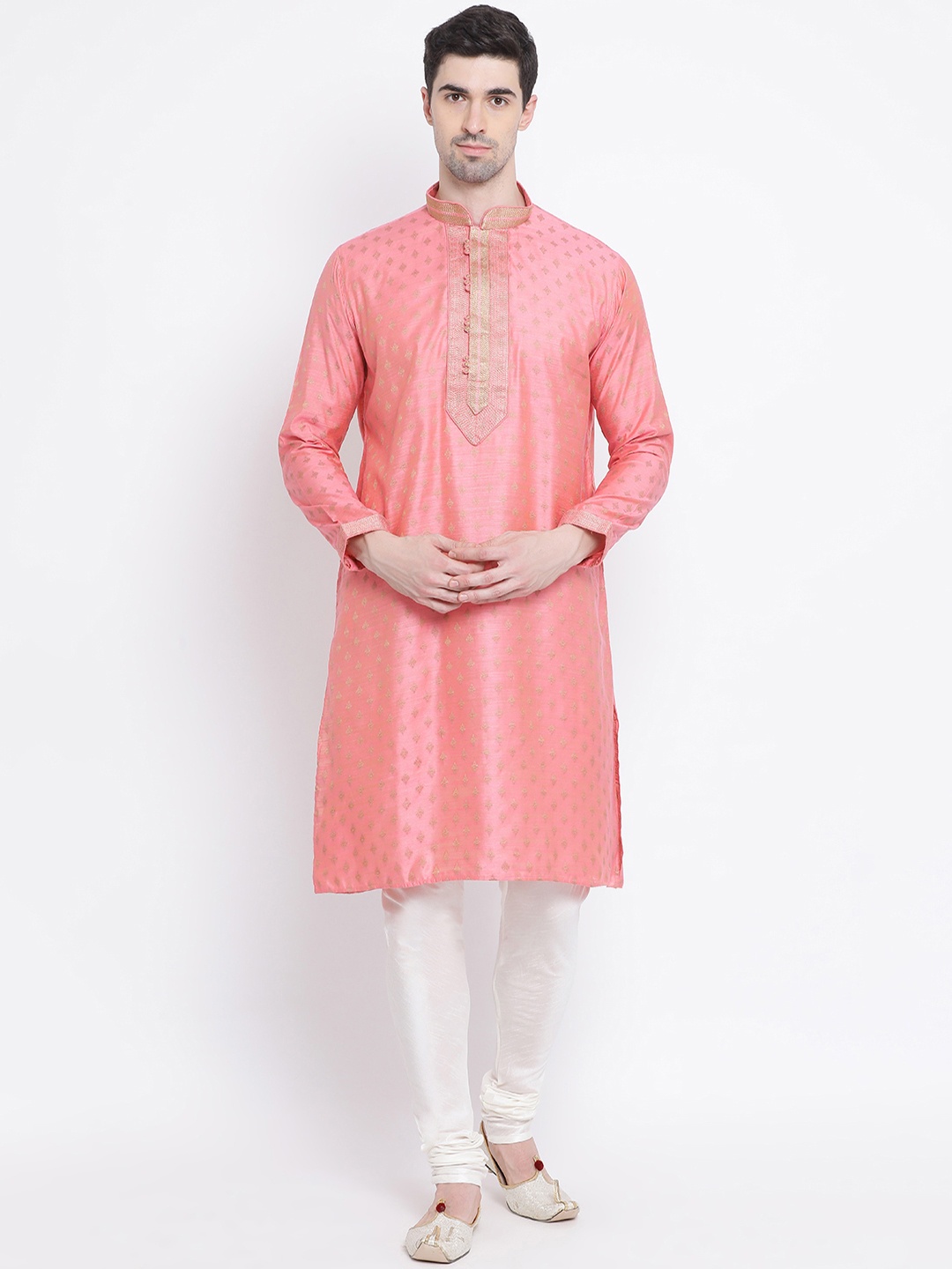 Sanwara Men Pink & Gold-Coloured Self Design Silk Kurta with Churidar