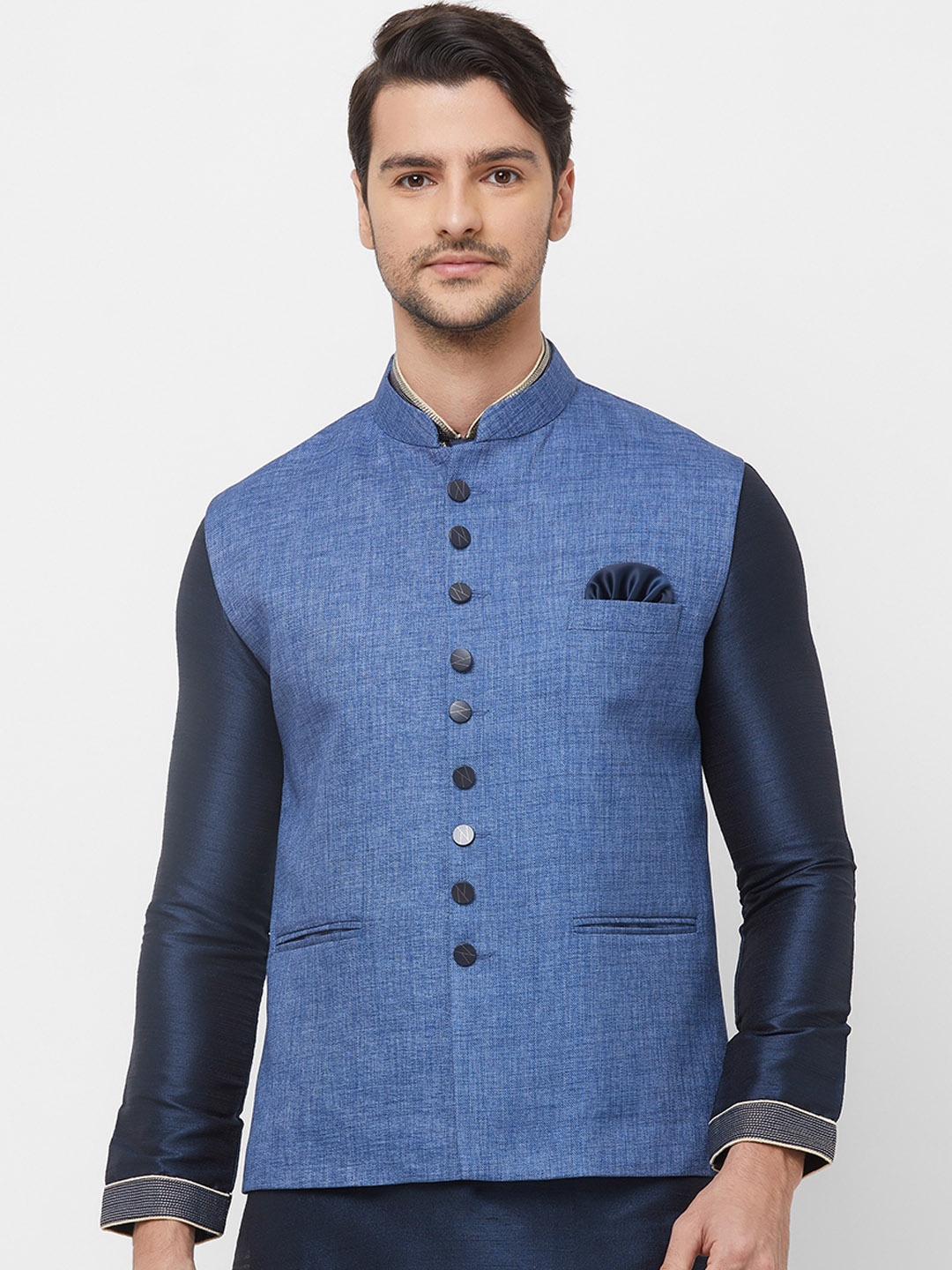 

N Dot Men Blue Solid Linen Woven Nehru Jacket