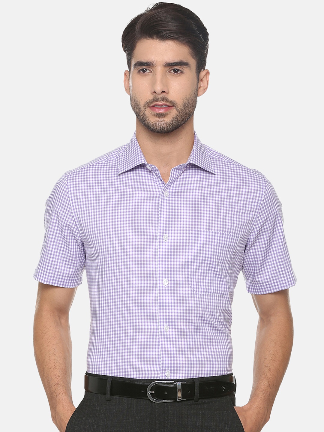 

Louis Philippe Permapress Men Purple & Off-White Regular Fit Checked Formal Shirt