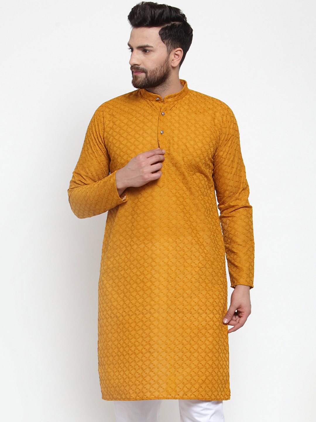 

Jompers Men Mustard Yellow & White Self Design Kurta with Churidar