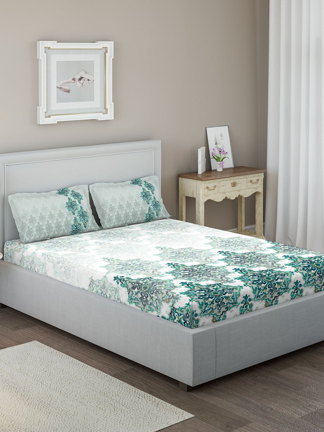 

DDecor White & Turquoise Blue 144 TC Cotton Double Queen Bedsheet with 2 Pillow Covers