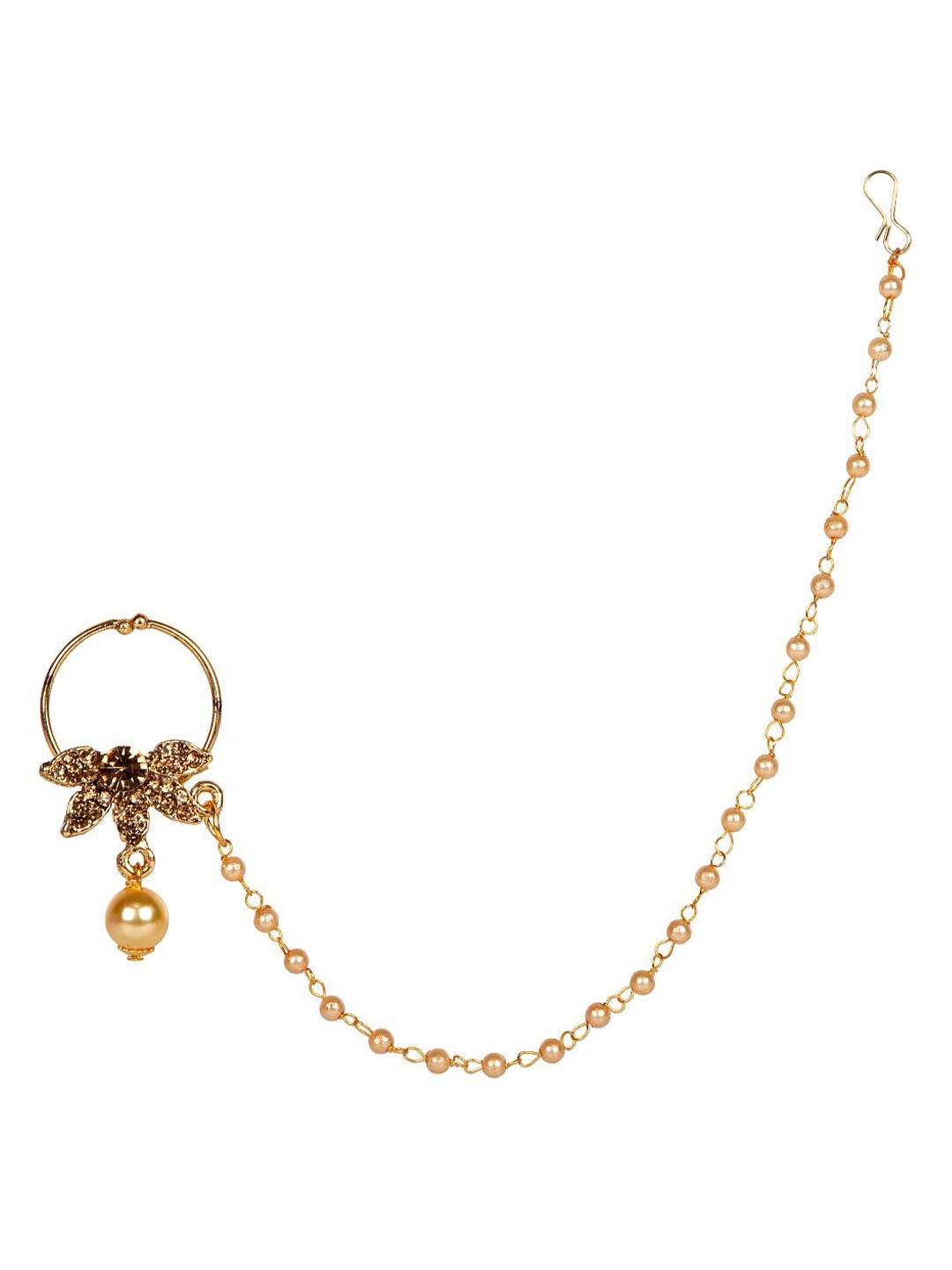 

ANIKAS CREATION Gold-Plated Beaded & Stone-Studded Chained Nose Ring