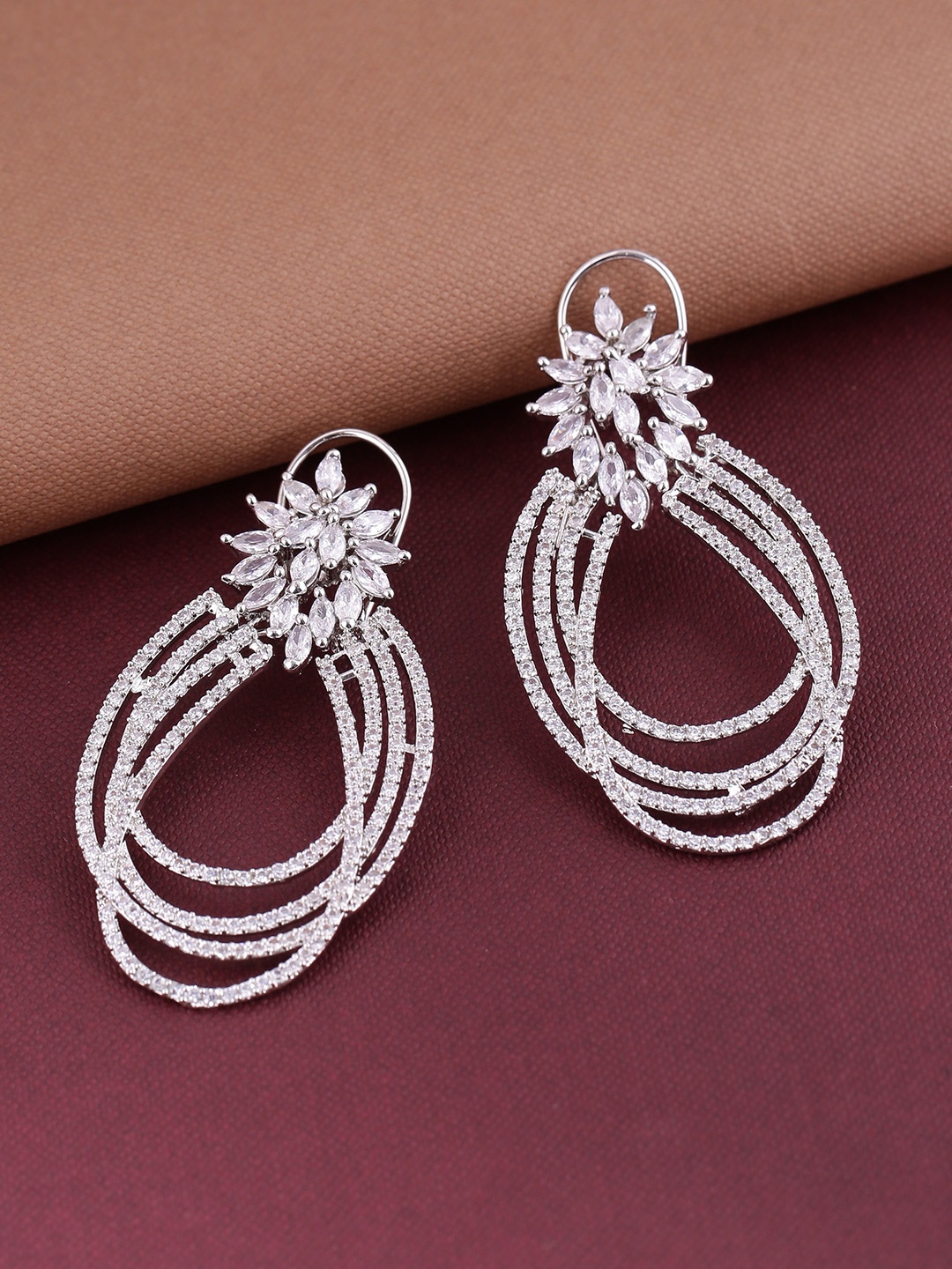 

Shoshaa Silver-Plated CZ Stone-Studded Contemporary Drop Earrings