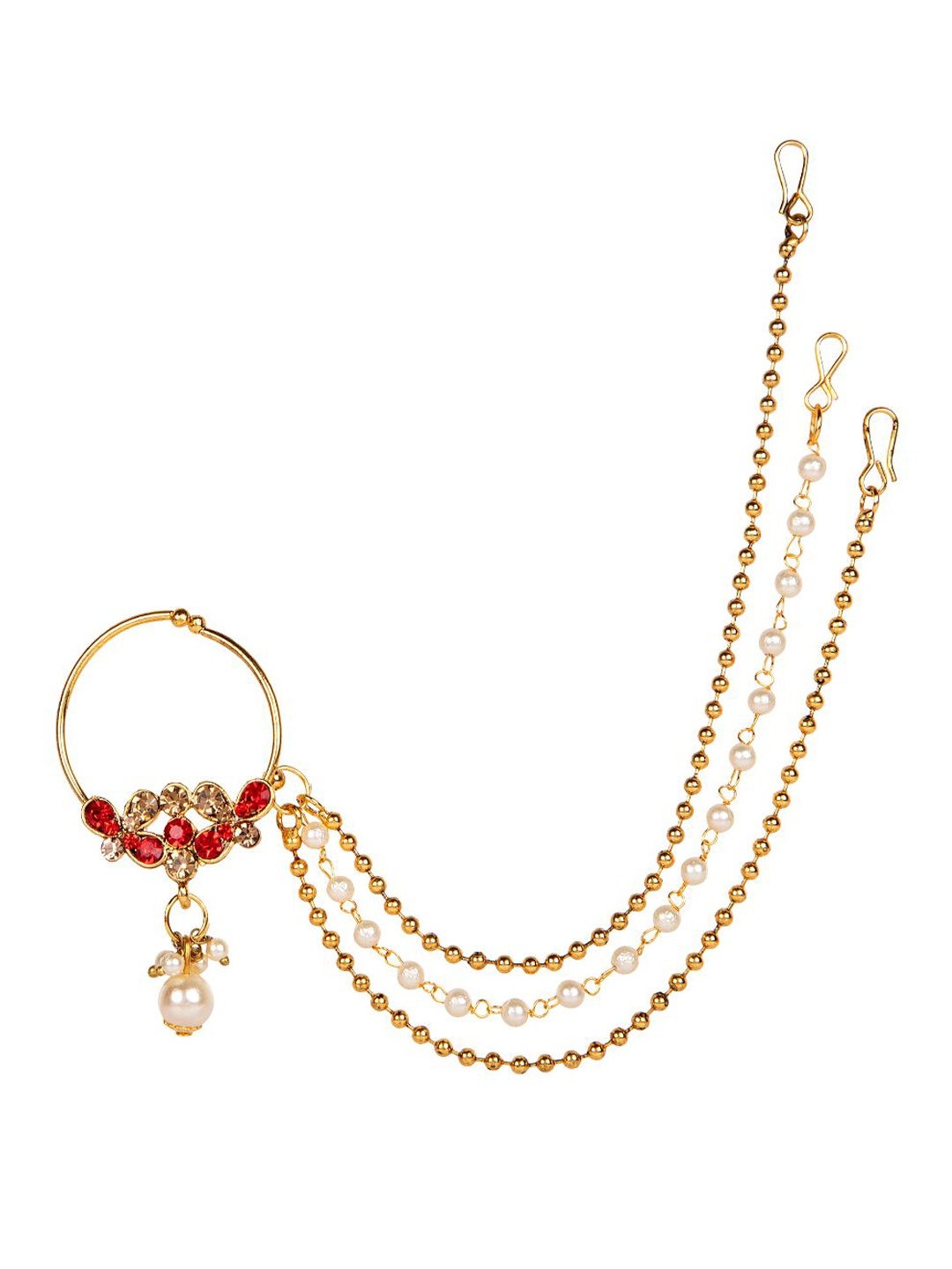 

ANIKAS CREATION Gold-Plated & Off-White Beaded & Stone-Studded Chained Nose Ring