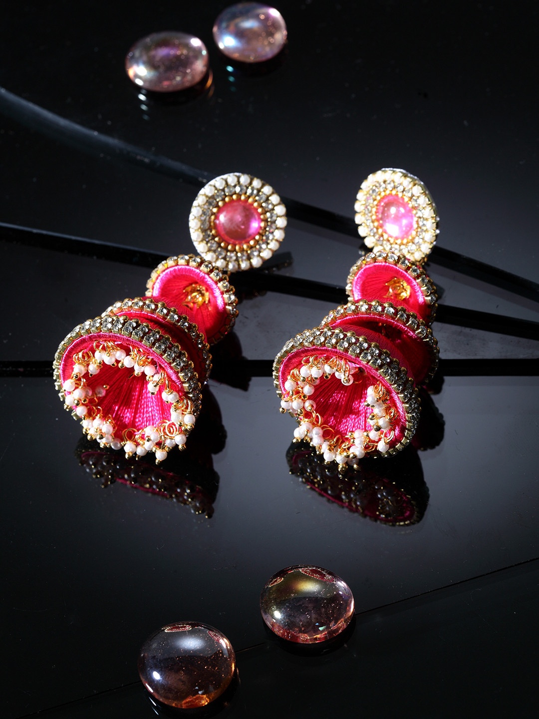 

Moedbuille Pink Handcrafted Gold Plated Dome Shaped Jhumkas