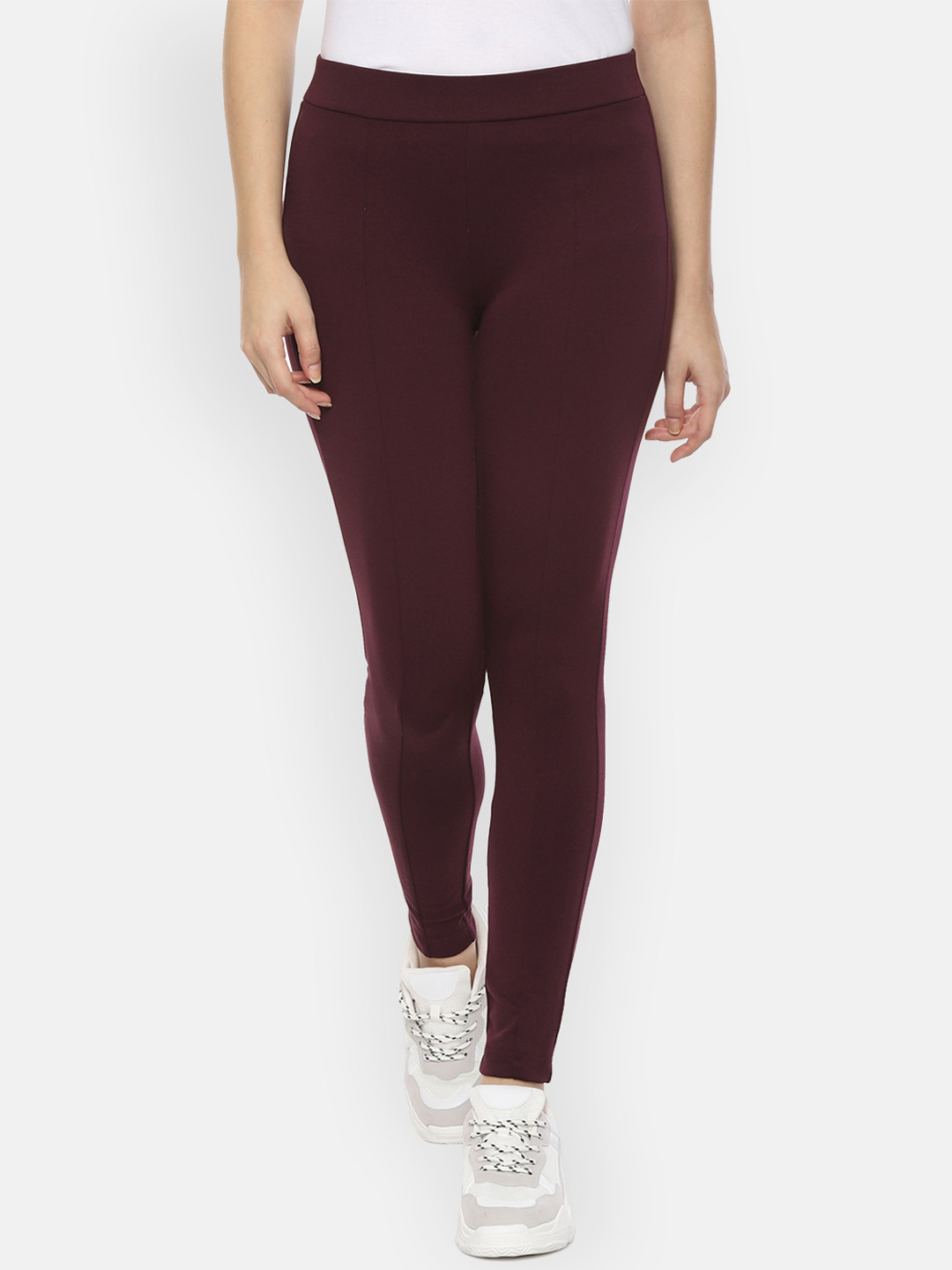 

People Women Maroon Solid Ankle Length Leggings