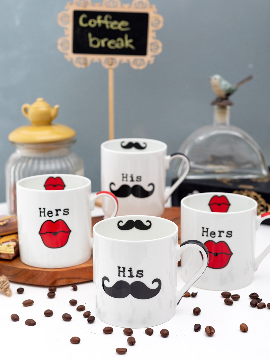 GOODHOMES White 4-Pieces Printed Bone China 350ml Cups Set