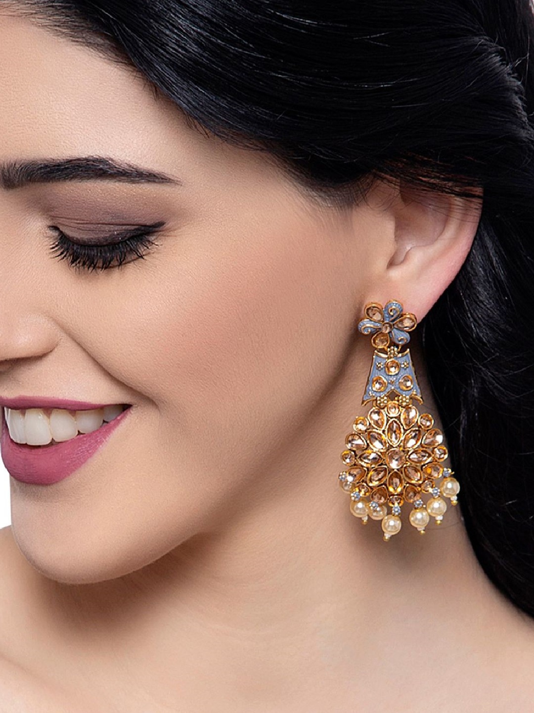 

ANIKAS CREATION Gold-Plated & Grey Enamelled Teardrop Shaped Drop Earrings