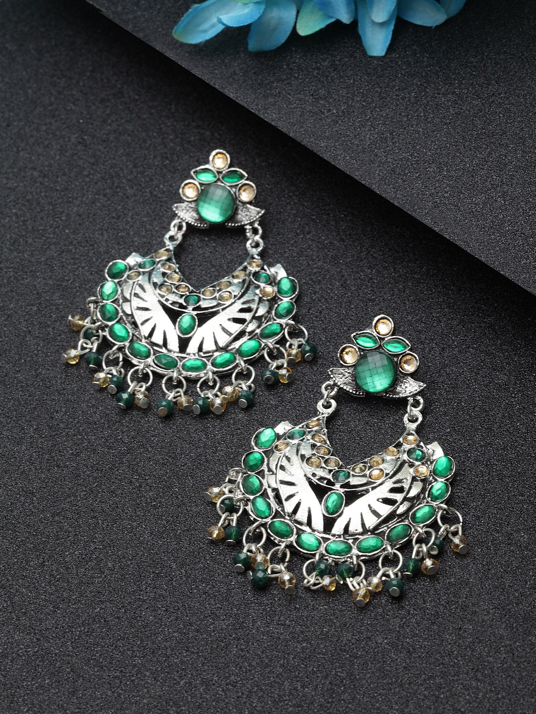 

Moedbuille Silver-Plated & Green Handcrafted Crescent Shaped Chandbalis