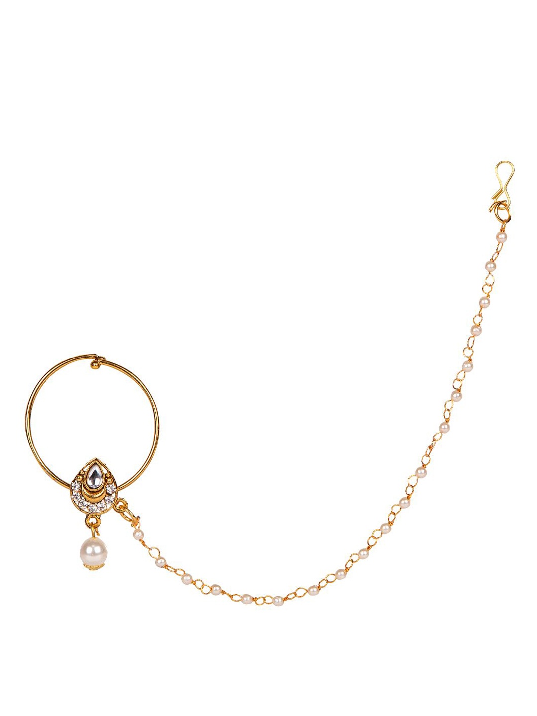 

ANIKAS CREATION Gold-Plated & White Beaded & Stone-Studded Chained Nose Ring