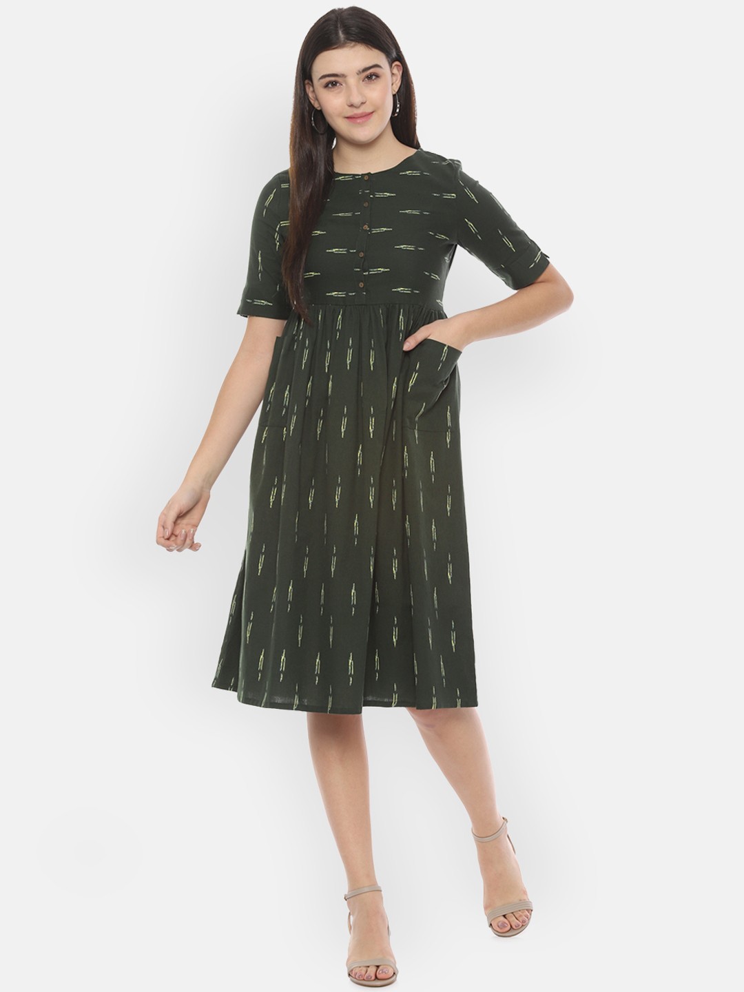

People Women Olive Green Printed Fit and Flare Dress