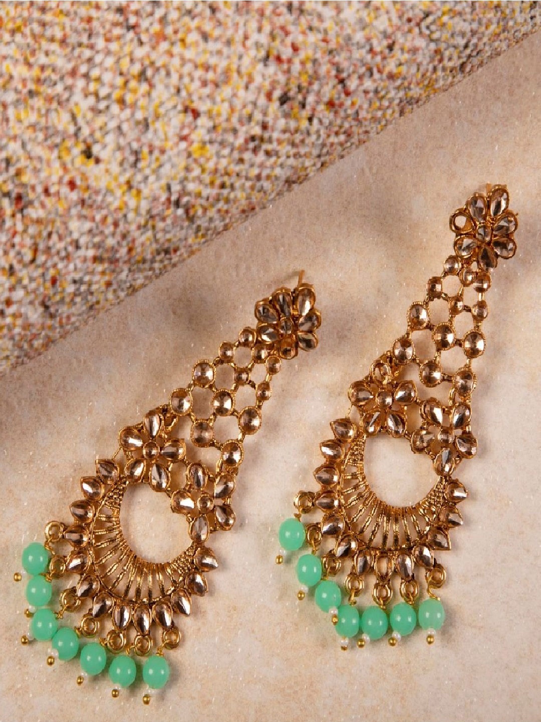 

ANIKAS CREATION Gold-Plated & Sea Green Classic Drop Earrings