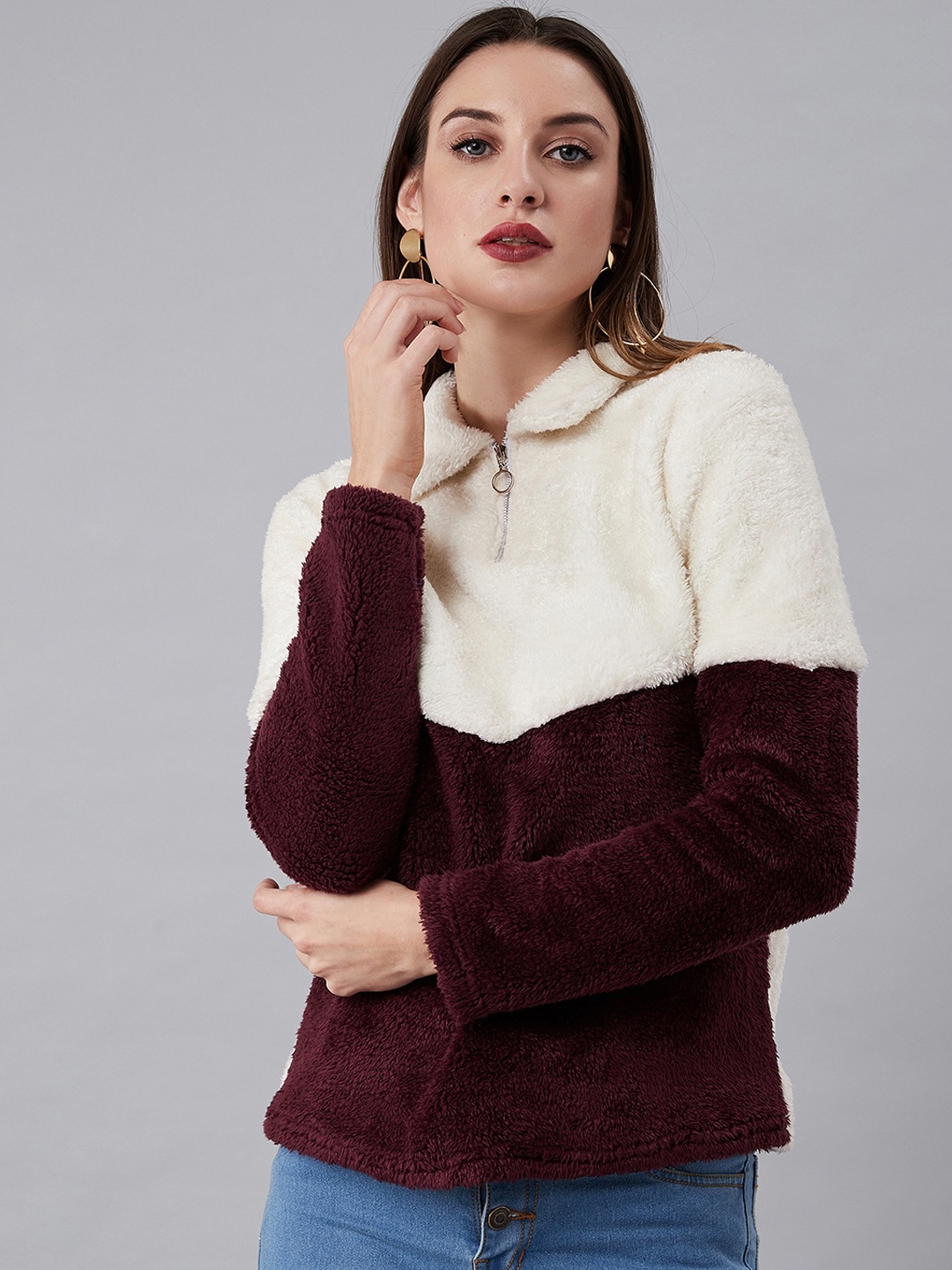 

Athena Women Burgundy & White Colourblocked Fuzzy Pullover Sweater
