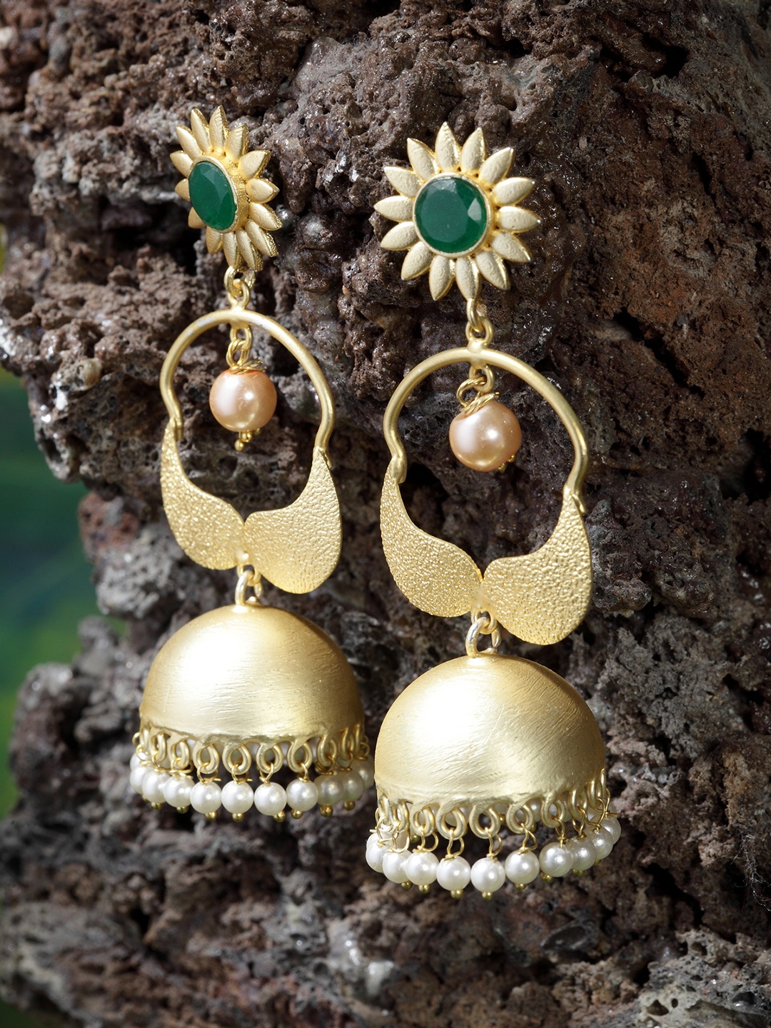 

Moedbuille Gold-Plated & Green Handcrafted Dome Shaped Jhumkas