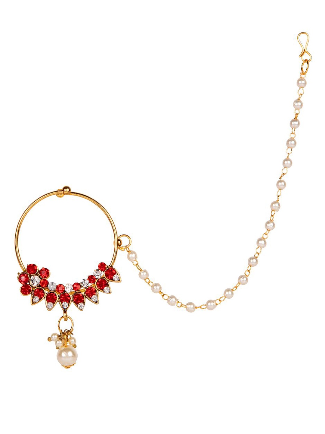 

ANIKAS CREATION Gold-Plated & Off-White Beaded & Stone-Studded Chained Nose Ring