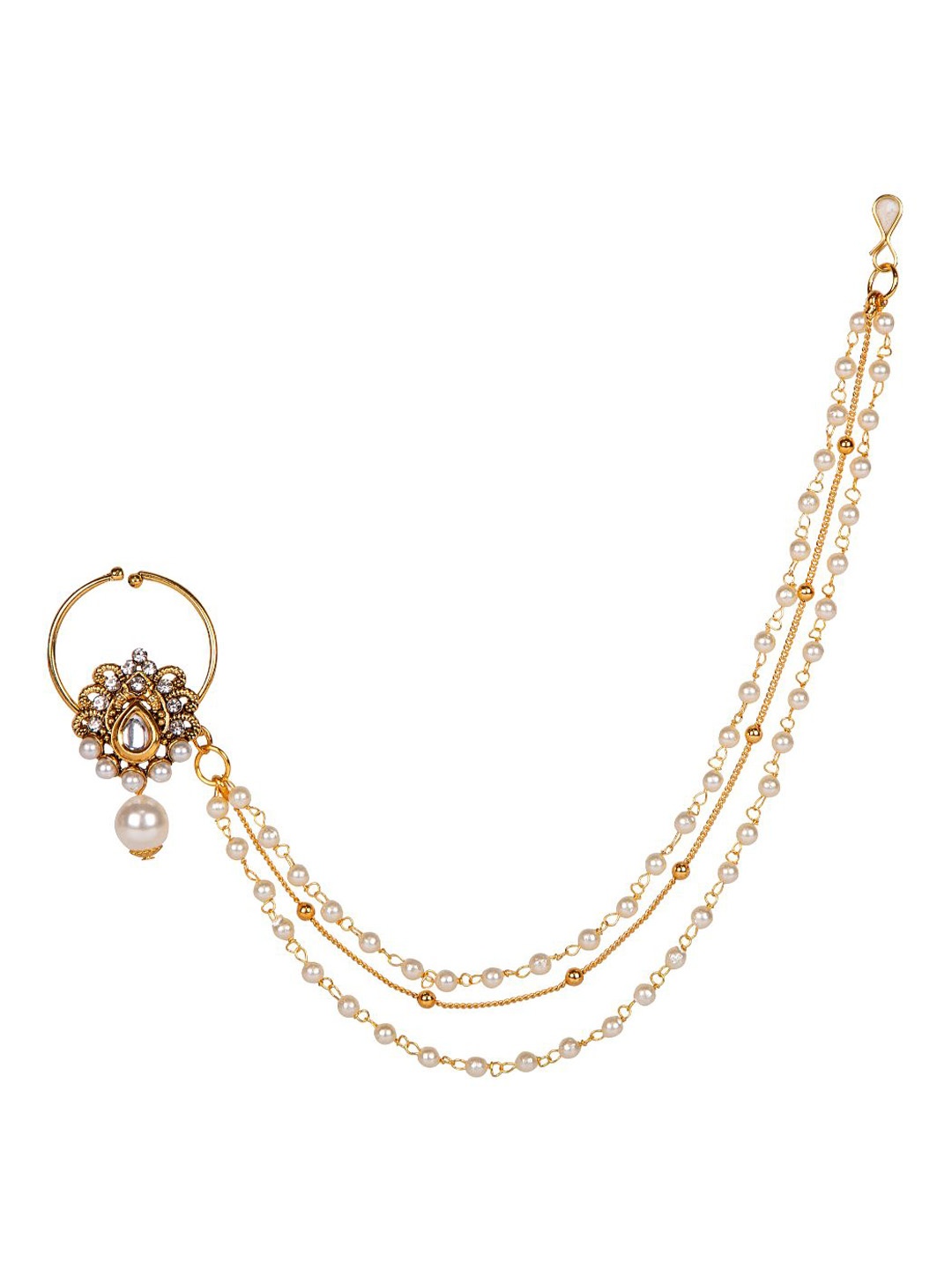 

ANIKAS CREATION Gold-Plated White Beaded & Stone-Studded Chained Nose Ring