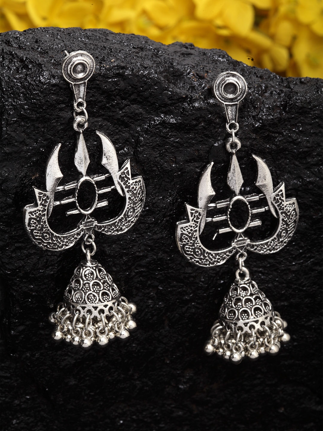 

Moedbuille Silver-Toned Brass-Plated Quirky Oxidised Jhumkas